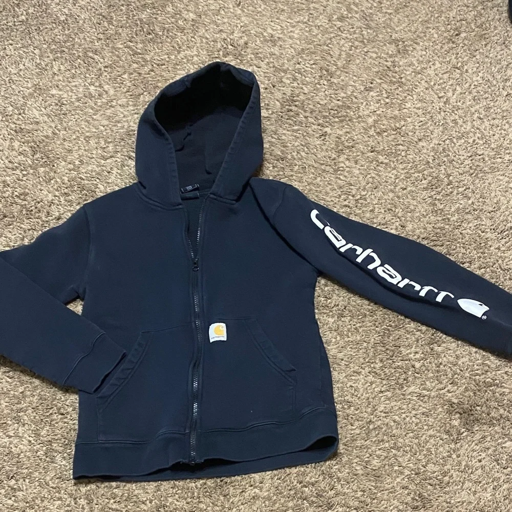 Carhartt Black Zip Up Hoodie With Logo on Sleeve Size L  14-16 Kids